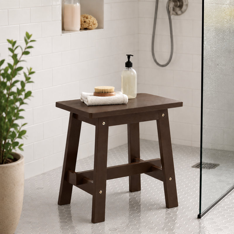 18" Acacia Shower Bench For Inside Shower - Wooden Shower Stool Benches Waterproof For Shaving Legs - Bench Seat With Storage Towel Shelf For Bathroom (Brown) 