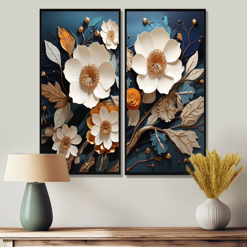 Blanc et or, charmante fleur printanière II, art mural traditionnel sur toile, H 32 po x l 32 po, Noir