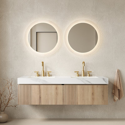 Meuble-lavabo 60 po, meuble-lavabo flottant 60 po, comptoir en pierre frittée blanc Carrara et 2 cuves en céramique avec 3 trous de robinet pré-percés, pré-assemblé, couleur grain de bois de chêne blanc