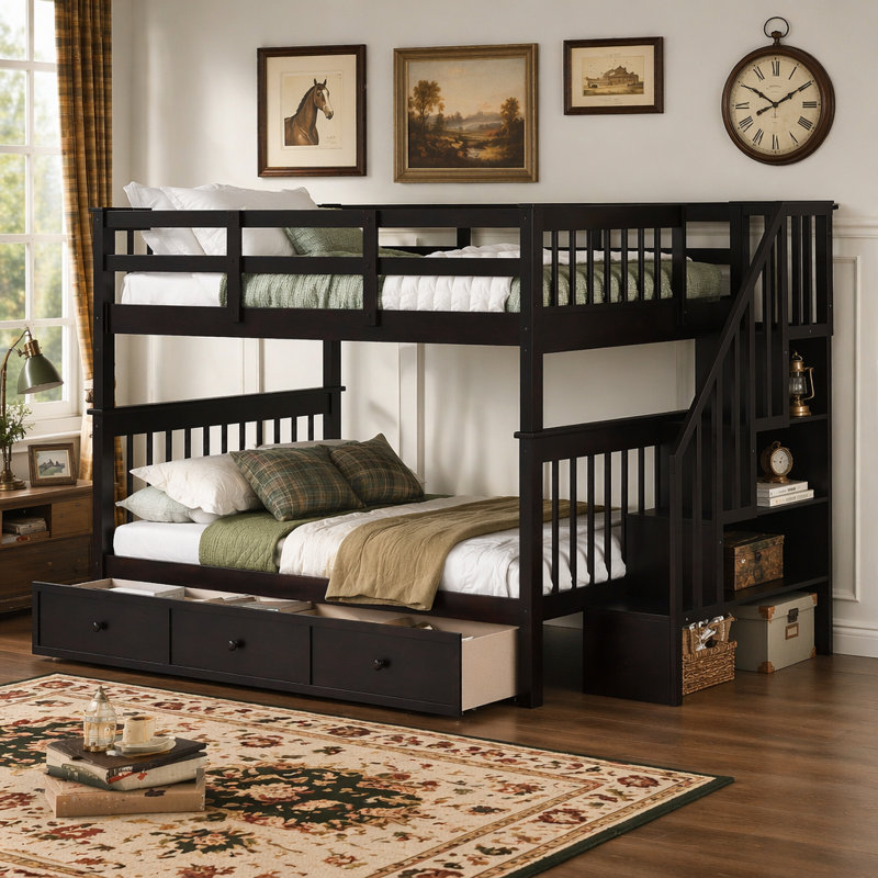 Lit superposé double avec tiroir, garde-corps et garde-robe pour chambre à coucher Stairway, espresso