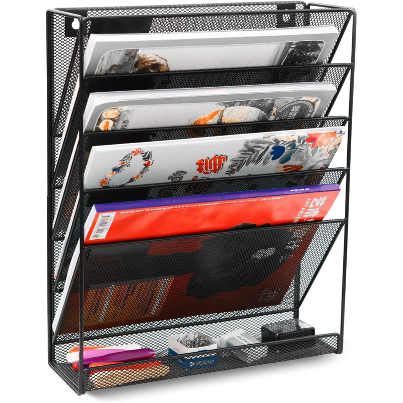 Wall File Holder 5 Tier Vertical Hanging File Organizer Wall Mount Paper Folder Rack With Bottom Flat Tray For Office And Home,Black