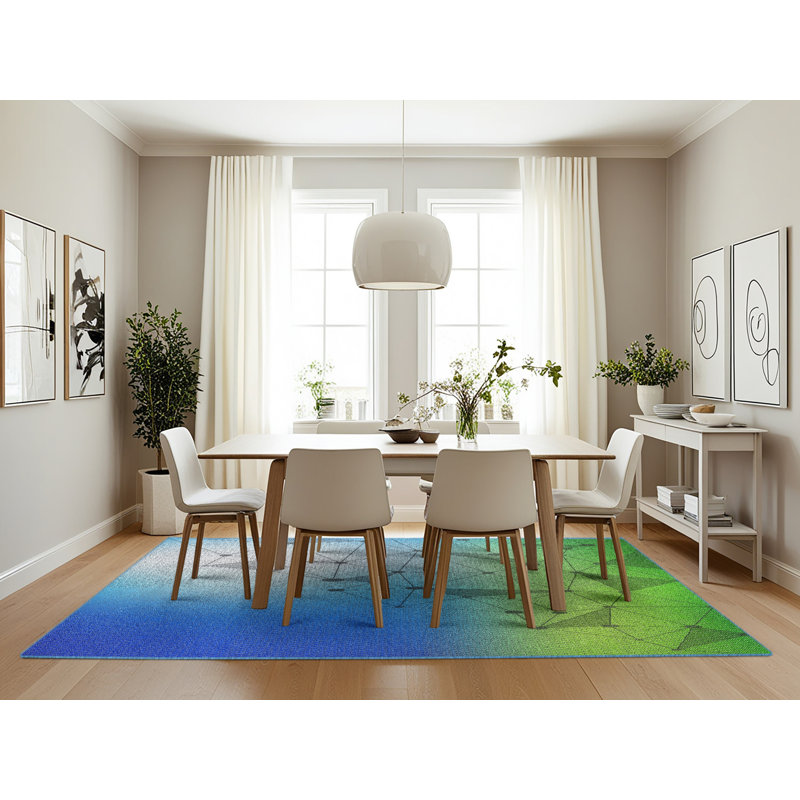 Tapis décoratif bleu géométrique, Rectangle 7 pi x 10 pi