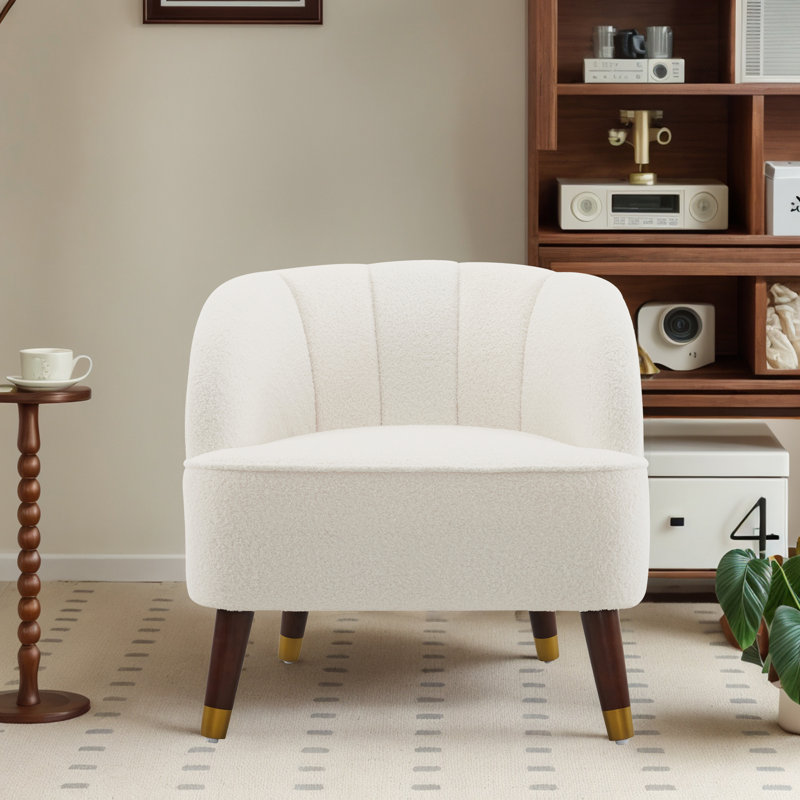 Gabrianna Upholstered Barrel Channel Chair With Wooden Legs, White Polyester