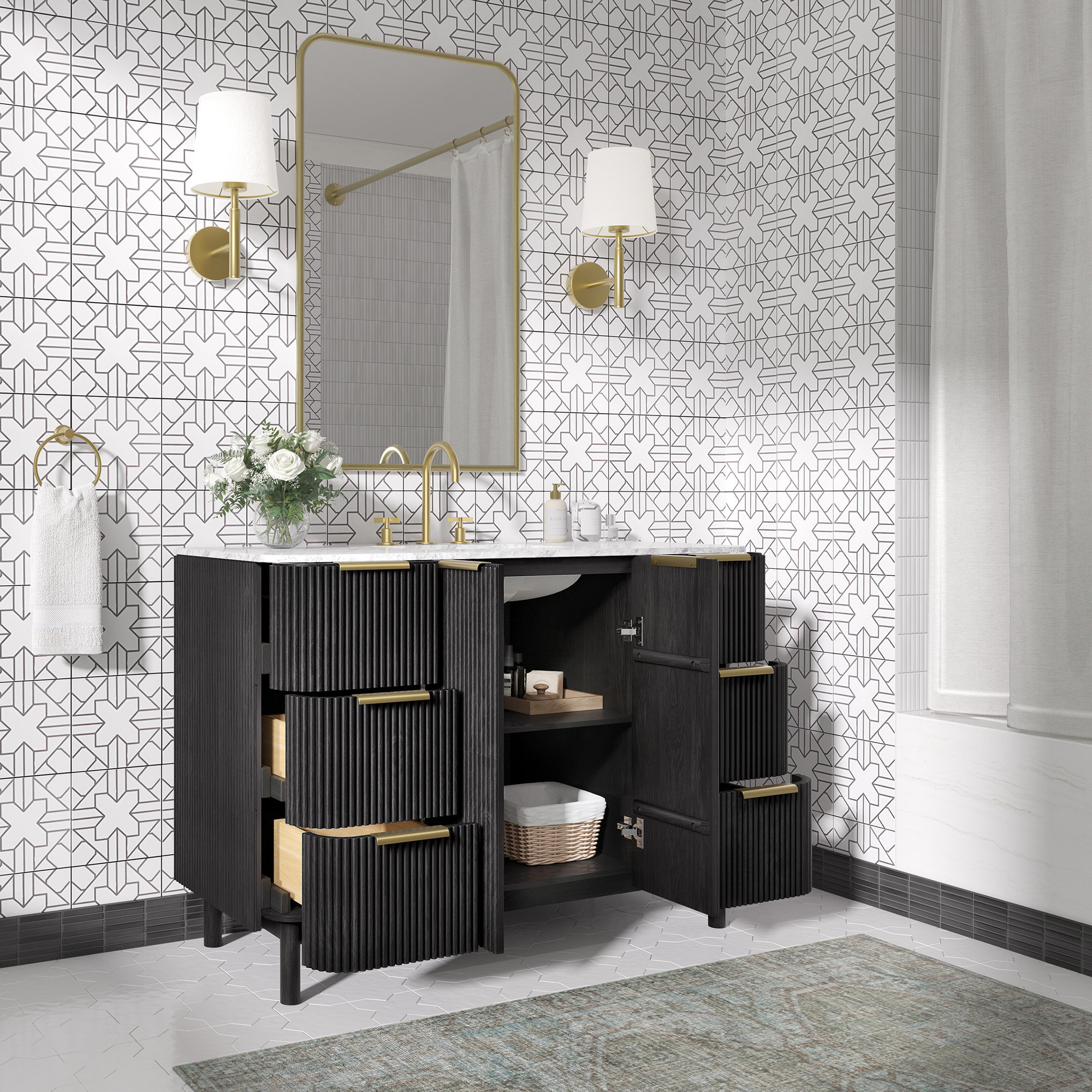 Nova 48" Single Bathroom Vanity Set, Black Reeded Birch