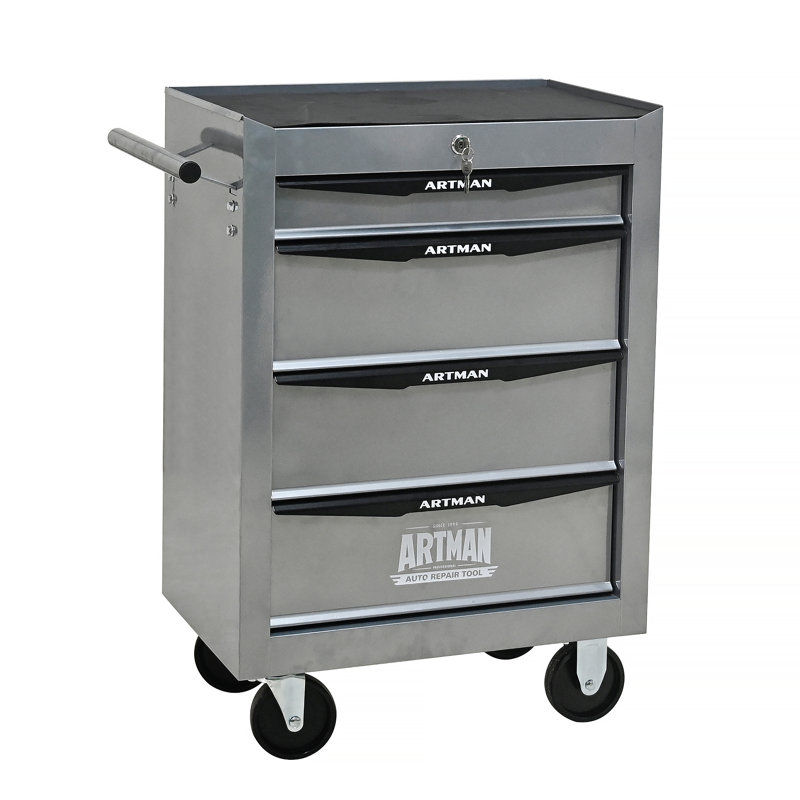 Coffre à outils roulant en métal avec 4 tiroirs, glissières à roulement à billes, rangement verrouillable et roulettes pivotantes pour la mobilité en atelier.
