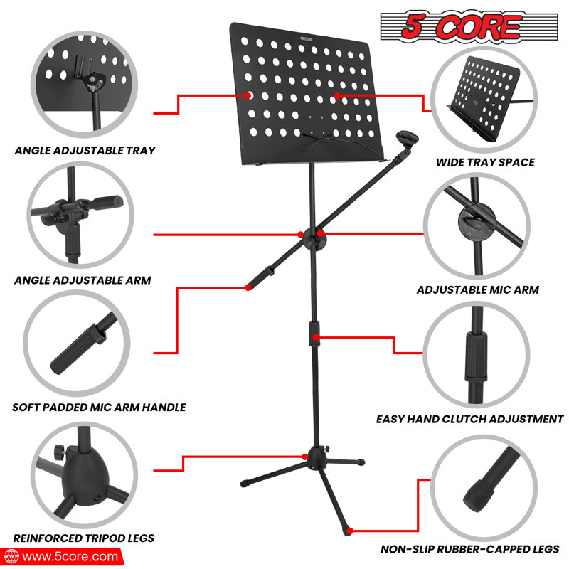 5 Core Music Stand 2 in 1 Height Adjustable Heavy Duty Sheet Music Stands w Detachable Mic Holder