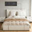 Structure de lit tapissier pleine grandeur en similicuir blanc pour chambre résidentielle, design fonctionnel moderne à DEL