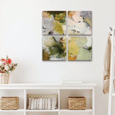 Ensemble de 4 panneaux muraux - Design Fabrikken «Evergreen 2», art mural sur toile pour le salon, la chambre à coucher ou le bureau 