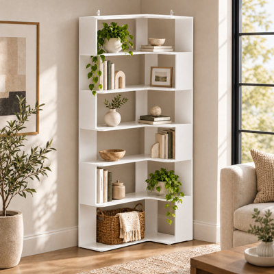 Bibliothèque d'angle à 6 niveaux de 81,9 po de hauteur avec tablettes de rangement ouvertes