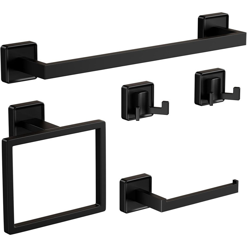 Ensemble de quincaillerie de salle de bain 5 pièces - Accessoires muraux carrés modernes en acier inoxydable SUS304 noir, avec barre à serviettes, anneau, porte-papier hygiénique et crochets doubles