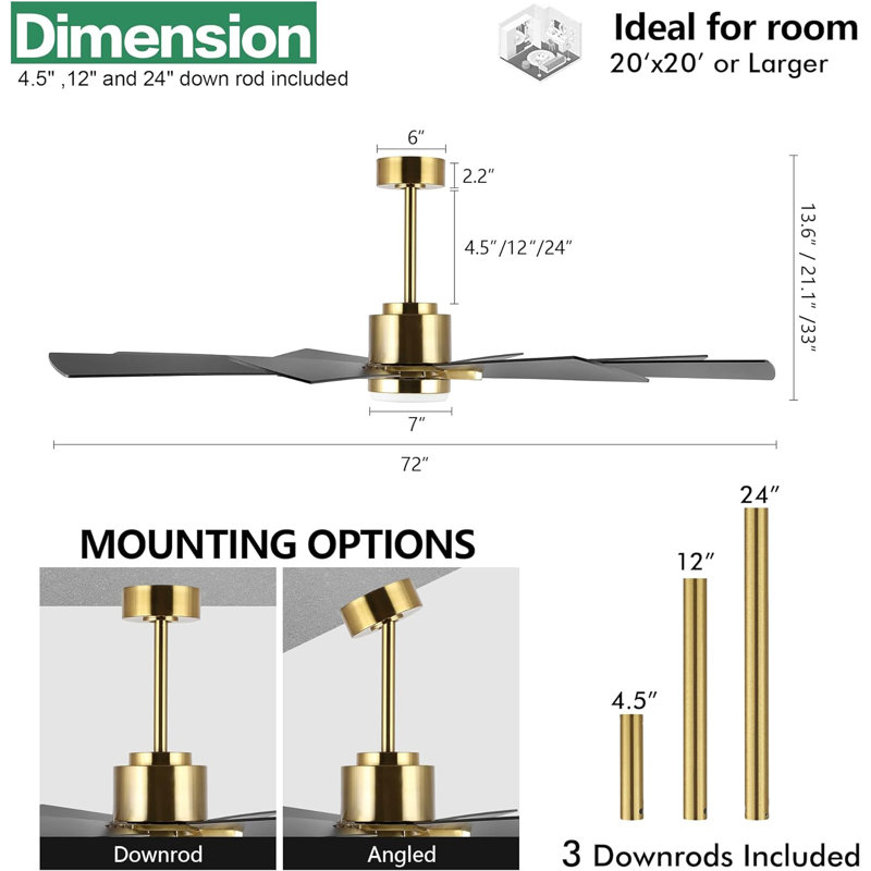 Deallen 72'' Ceiling Fan with LED Lights, Gold with Black Blades