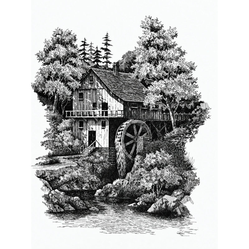 Vieux moulin à eau: impression de paysage détaillée à la plume et à l'encre