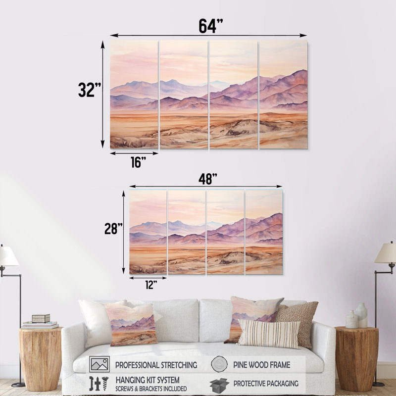 Désert, paysage égyptien de montagnes égyptiennes, art mural 4 pièces pour le salon, H 32 po x l 64 po