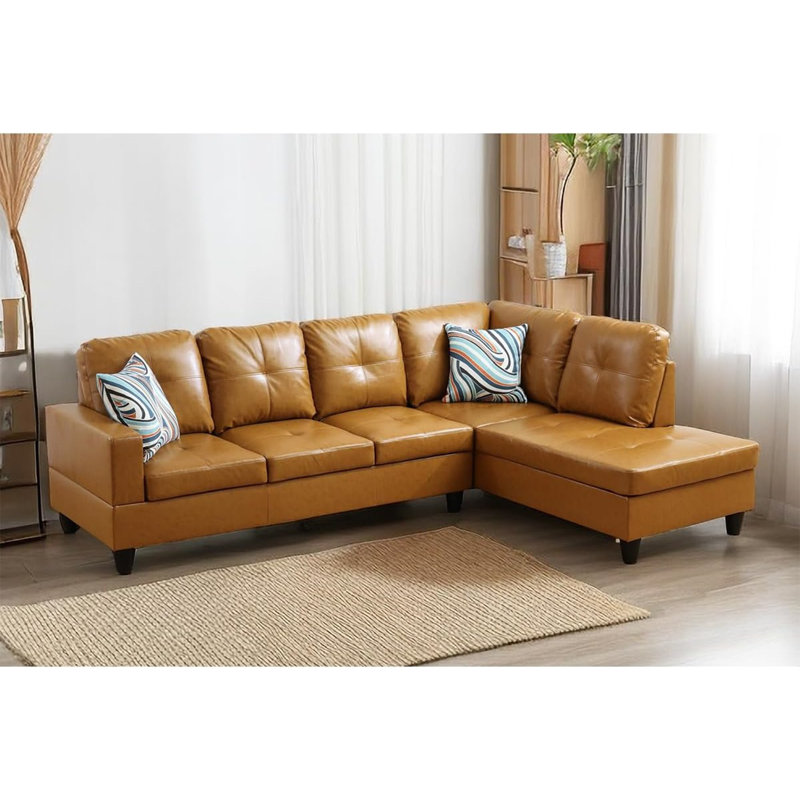 Bawan Faux Leather L-Shaped Sectional, Right Hand Facing, Yellow Faux Leather