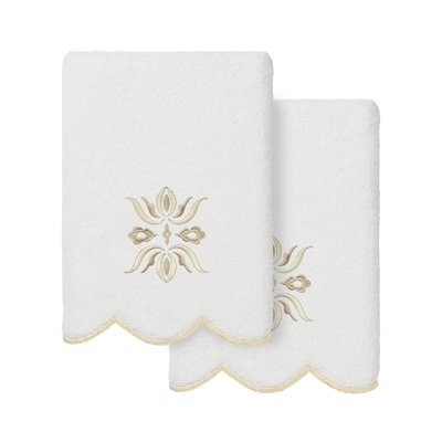  100% Turkish Cotton FLOWER CREST Scallop 2PC Embellished Hand Towel Set