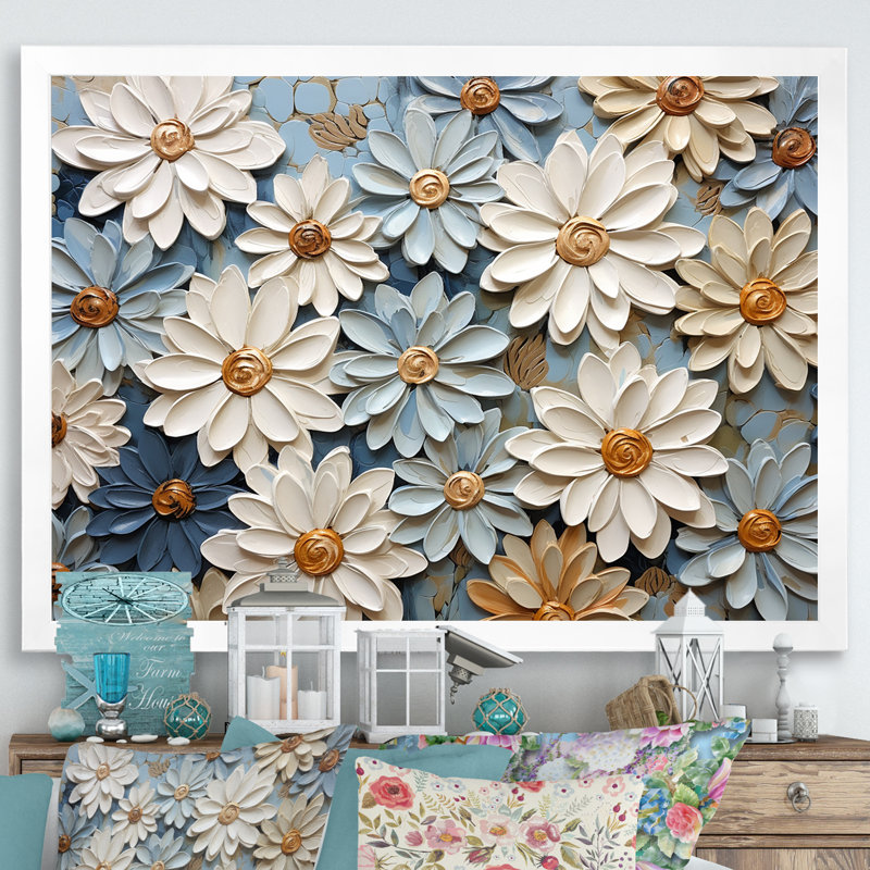 «Blue Blooms Zinnias fleurs», reproduction d'art sur toile encadrée Zinnias, Cadre simple blanc, H 30 po x l 40 po x P 1,5 po