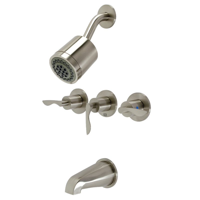 Kingston Brass Serena Triple-Handle Tub and Shower Faucet, Brushed Nickel