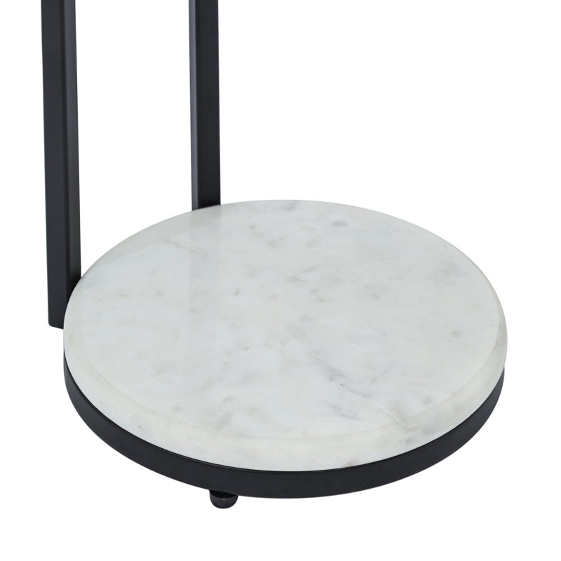 Table d'appoint noire avec plateau en verre et base en marbre blanc, table de bout décorative moderne, base en métal, table d'appoint pour le salon 10 x 10 x 23,25 po