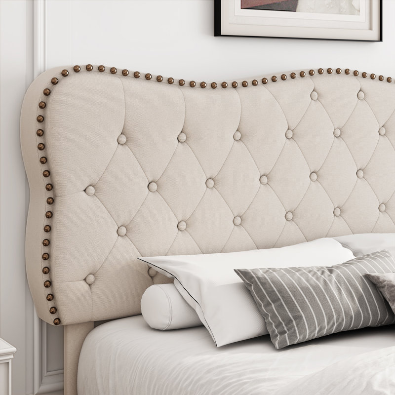 Lofgren Tufted Upholstered Platform Bed with Adjustable Headboard, Queen, Light Beige