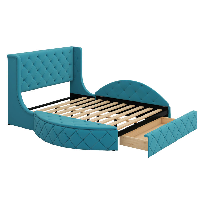 Upholstered Platform Bed Queen Size Storage Velvet Bed With Wingback Headboard, Blue