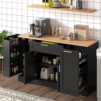 Multi-Functional Storage Sideboard, Extendable Dining Table, Adjustable Shelves, 3-Tier Pull-Out Rack, Kitchen Island Storage