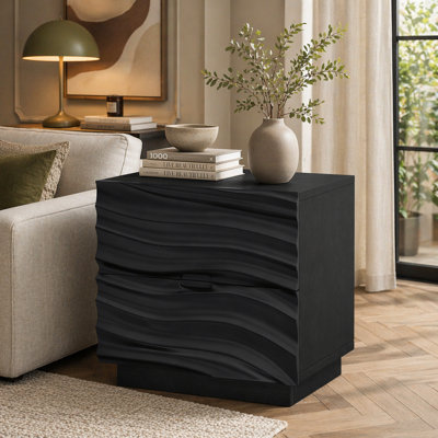 (ETA : 6.11-CA : 50) Table de chevet en bois massif, avec 2 tiroirs, sans poignées, idéale pour le salon ou la chambre, noire.