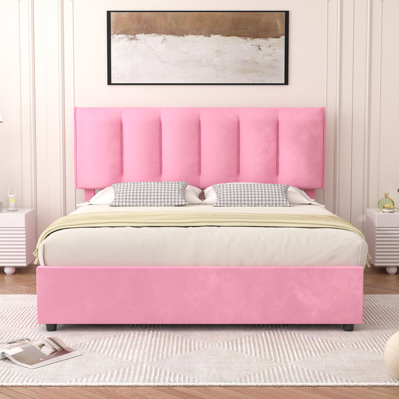 Orwhin Bed Frame 4 Drawers Storage, Upholstered Bed Frame with Velvet Adjustable Headboard Queen Full King Size Platform Bed Wood Support