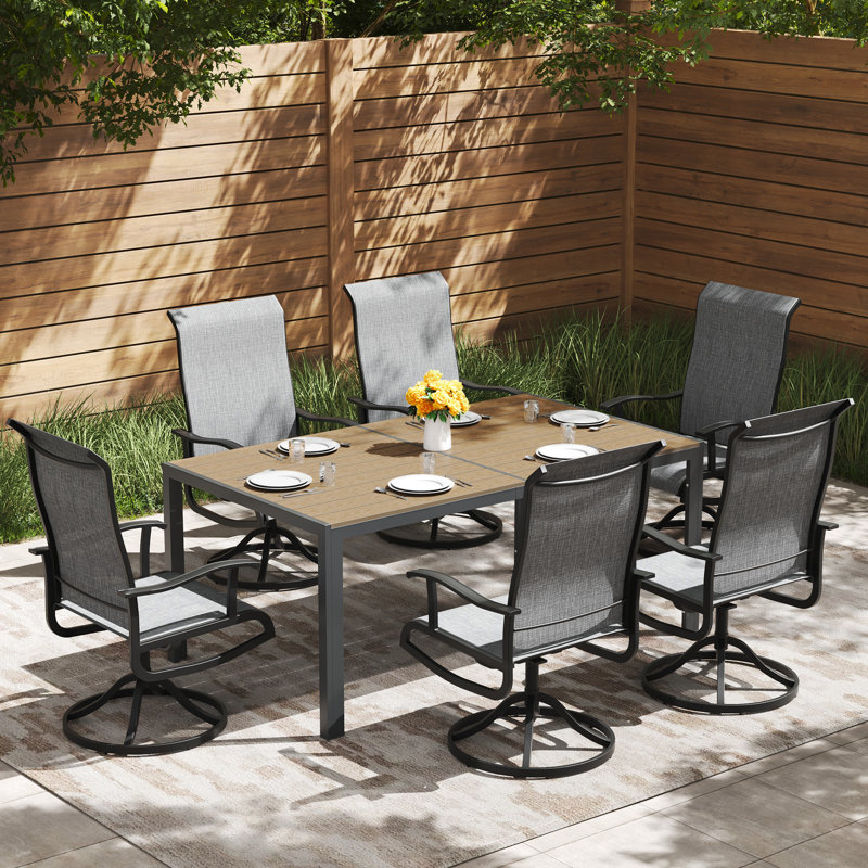 6 - Person Outdoor Patio Dining Set, Breathable Pvc-Coated Polyester Swivel Patio Chairs And Rectangular Dining Table, All Weather Dining Set For Lawn, Garden, Backyard