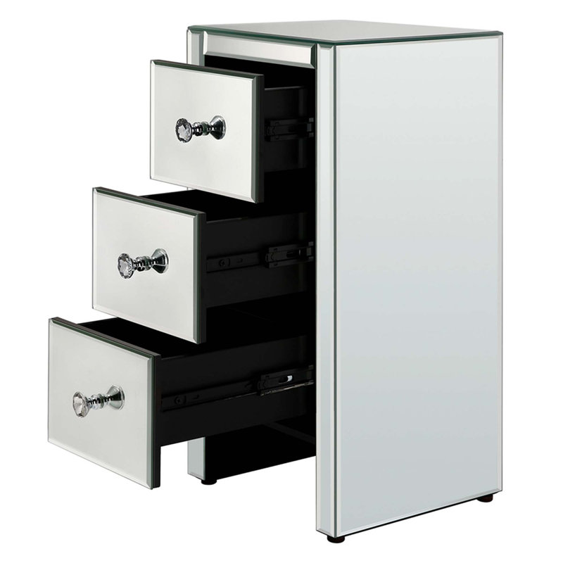 Mirrored Glass Bedside Table With Three Drawers