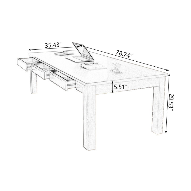 Bureau rectangulaire brun en bois massif avec 6 tiroirs, H 29,53 po x l 78,74 po x P 35,43 po