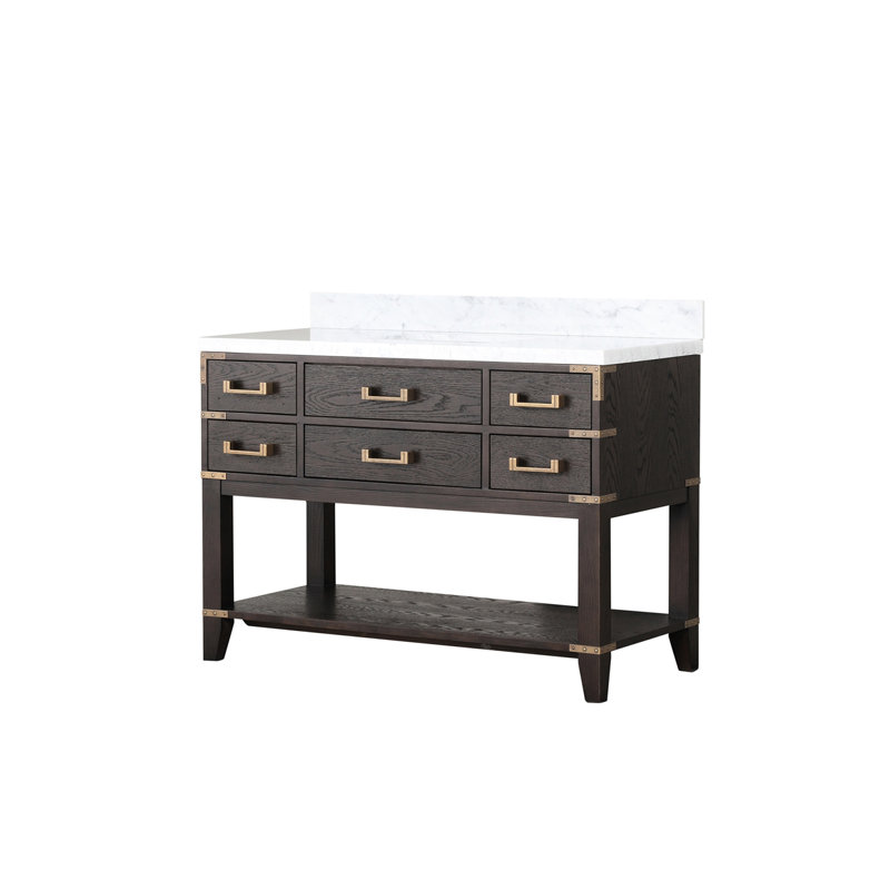Single Bath Vanity with Carrara Marble Top, Brown Oak