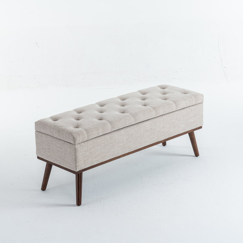 Delmy Mid Century Modern Storage Bench with Wood Base Tufted Ottoman, Tan