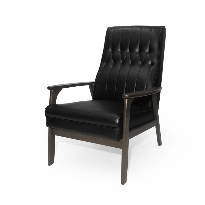 Siège rembourré de style Mid-Century moderne, similicuir noir mat, dossier rainuré, structure en bois d'hévéa pour le salon, décor de style diamant, pièce de construction