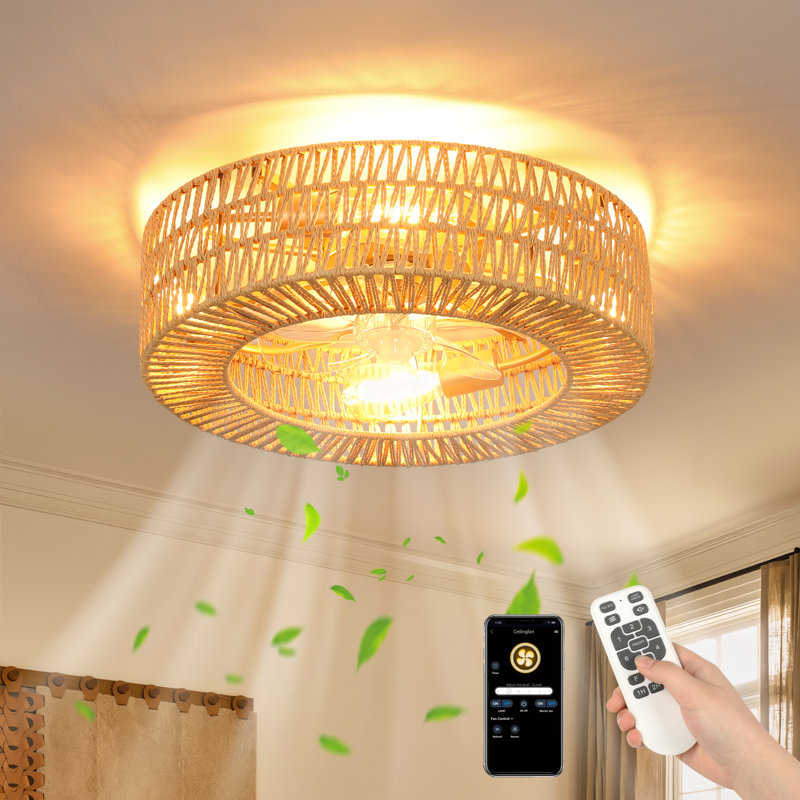 Ventilateur de plafond en cage en rotin 7 pales avec télécommande Aarzo (ensemble de 2)