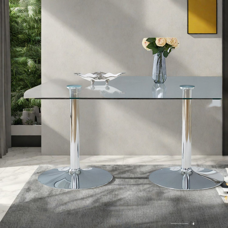 Table de salle à manger moderne et spacieuse, verre trempé et métal, maison et salle à manger