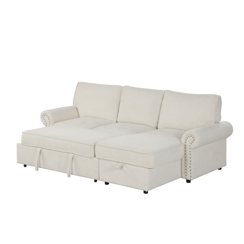 Canapé-lit modulaire convertible de 95 po avec méridienne U_STYLE, Tissu - Beige, Orienté à droite