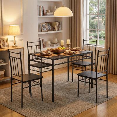5-piece Dining Set, Reversible Kitchen Table & Chairs Set For 4, Metal And Wood Rectangular Breakfast Nook, Space Saving Design For Dining Living Room Kitchen