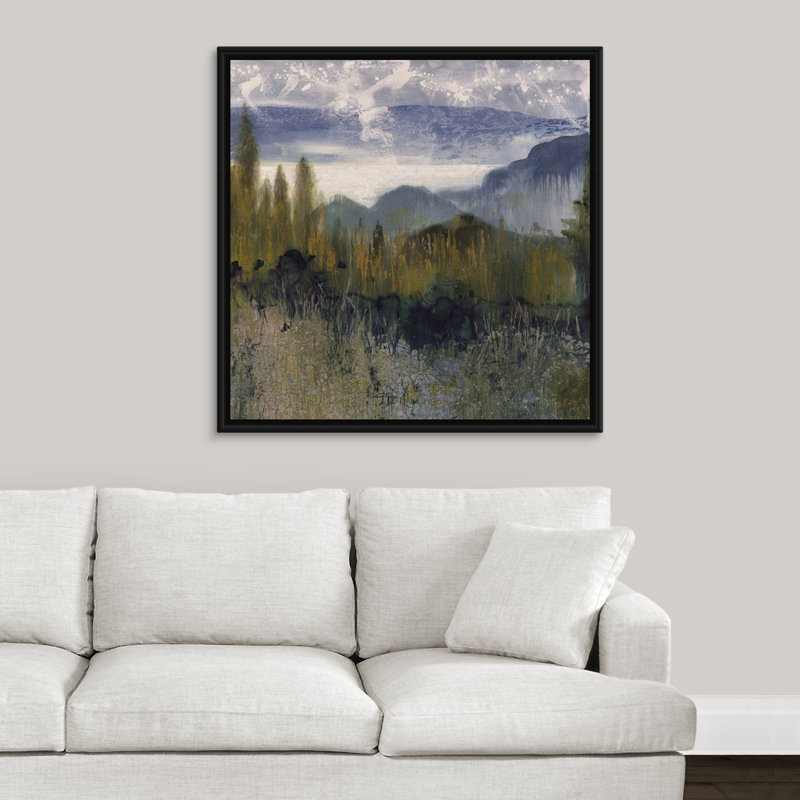 « distante peak », peinture sur toile, Cadre flottant noir, H 37,7 po x l 37,7 po x p 1,75 po