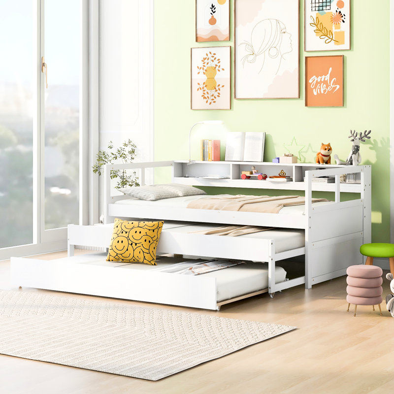 White Twin Xl Daybed, 2 Trundles, 3 Storage , Charging & , Stable Wood Structure, Space Saving Daybed With Frame, White, Idea