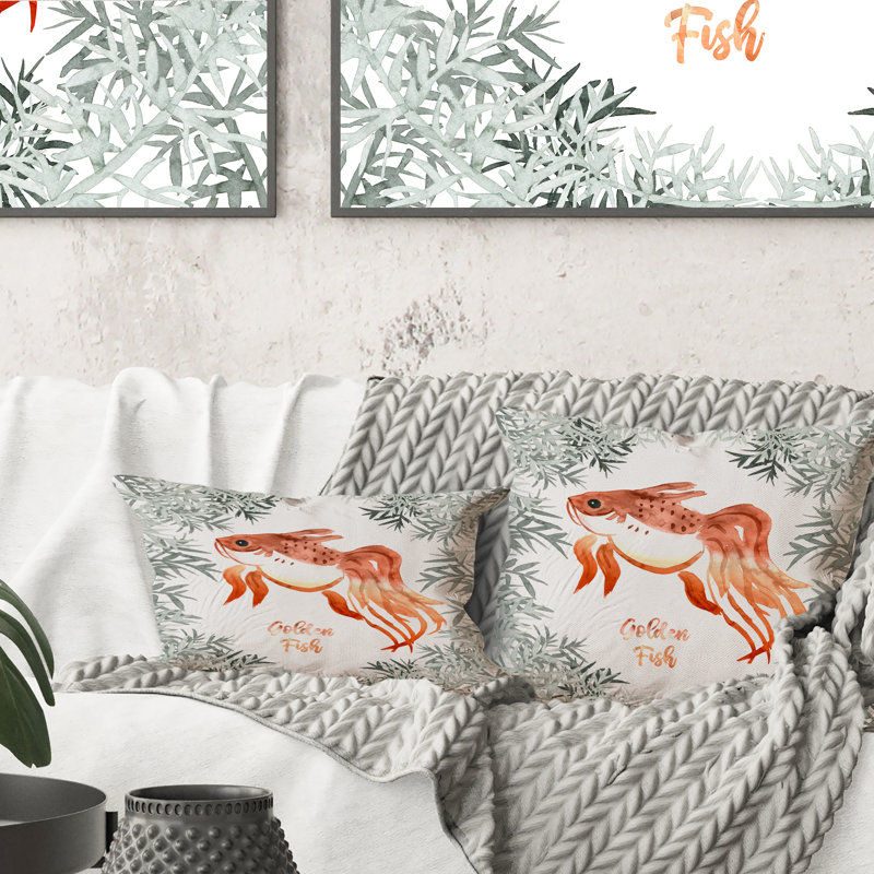 Coussin décoratif à motif de poisson doré rétro vintage entouré de plantes vertes, 18 po x 18 po
