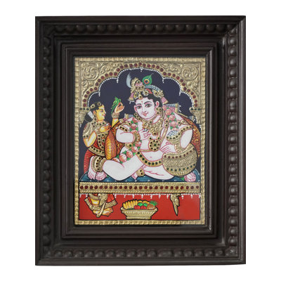 Krishna au beurre de Tanjore peignant des couleurs traditionnelles avec de l'or 24 carats | Avec cadre