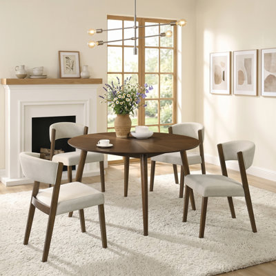Ensemble de table de salle à manger 5 personnes Mid-Century moderne avec table ronde de 52 po et 4 chaises rembourrées en tissu