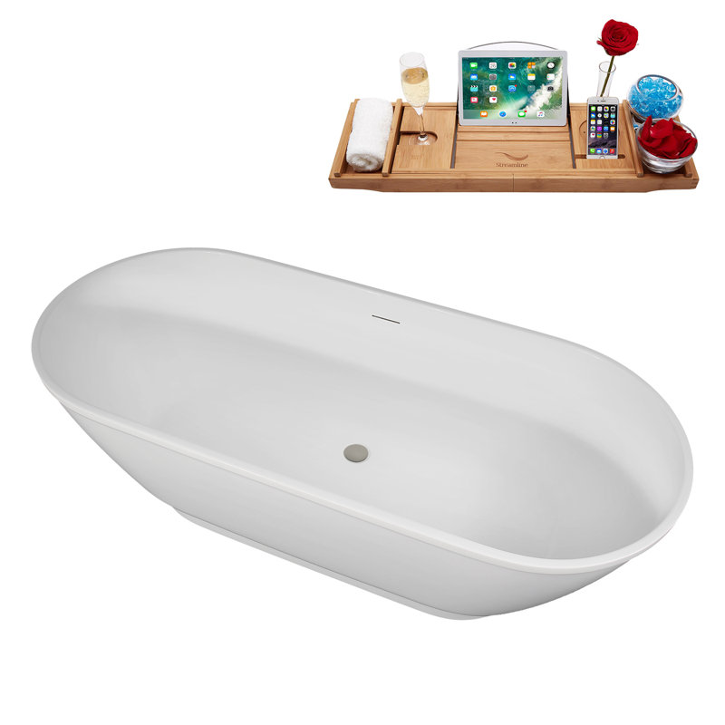 67" Streamline Soaking Freestanding Tub and Tray With Internal Drain, Brushed GunMetal