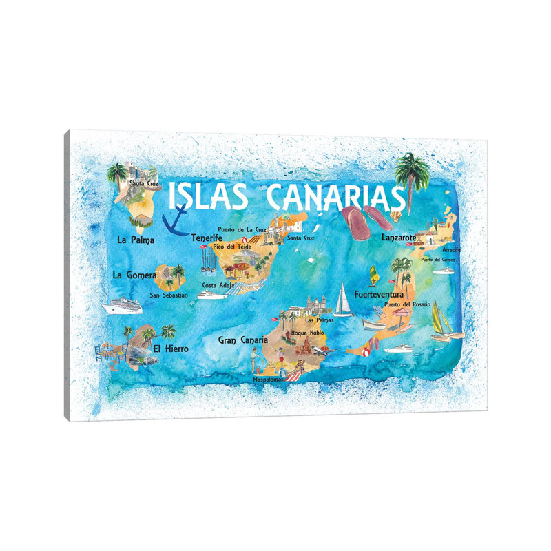 Canary Islands Illustrated Travel Map With Tenerife, Gran Canary, Lanzarote, Fuerteventura La Palma Gomera And Hierro by Markus & Martina Bleichner - Wrapped Canvas Gallery-Wrapped Canvas Giclée