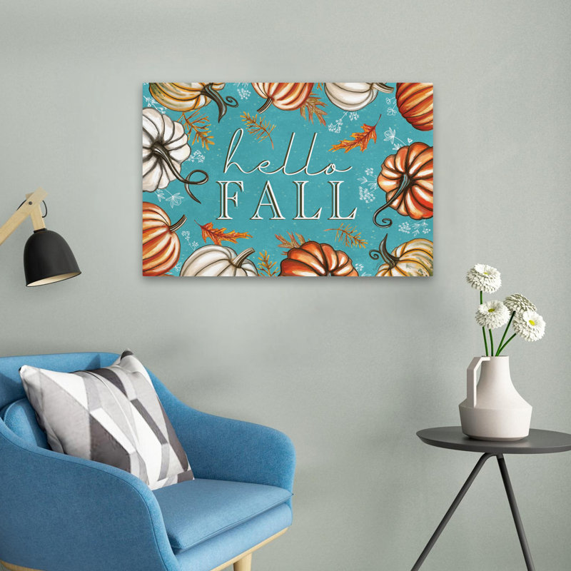 «Hello Fall», art contemporain sur fond bleu, H 16 po x l 24 po