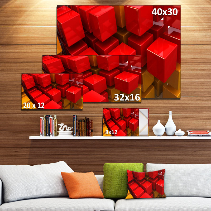 « fractal 3d red n cubes yellow cubes », impression sur toile tendue, H 16 po x l 32 po x P 1 po