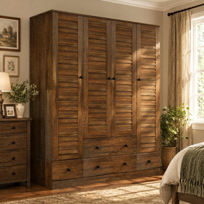 Armoire-penderie 4 portes de 150 cm de large avec 2 tringles, 5 tiroirs et 7 tablettes