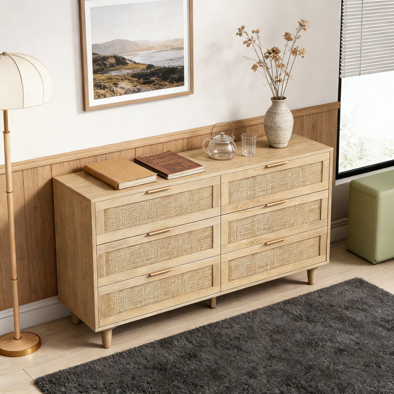 6-Drawer Rattan Dresser, Modern Natural Wood Storage Chest With Deep Drawers For Bedroom Or Living Room