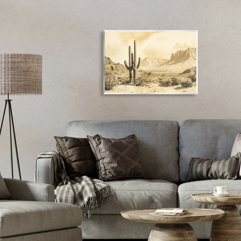 Désert, paysage, sépia, cactus, plaque murale, design par Petal Prints Design, H 13 po x l 19 po