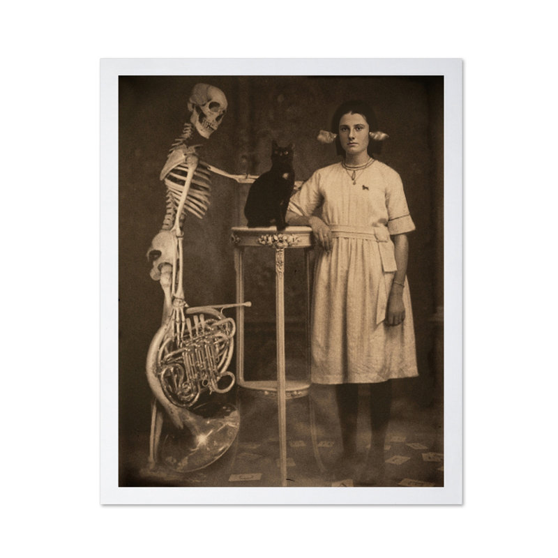 Jeune fille et squelette, Affiche, H 24 po x l 32 po, Encadrement blanc